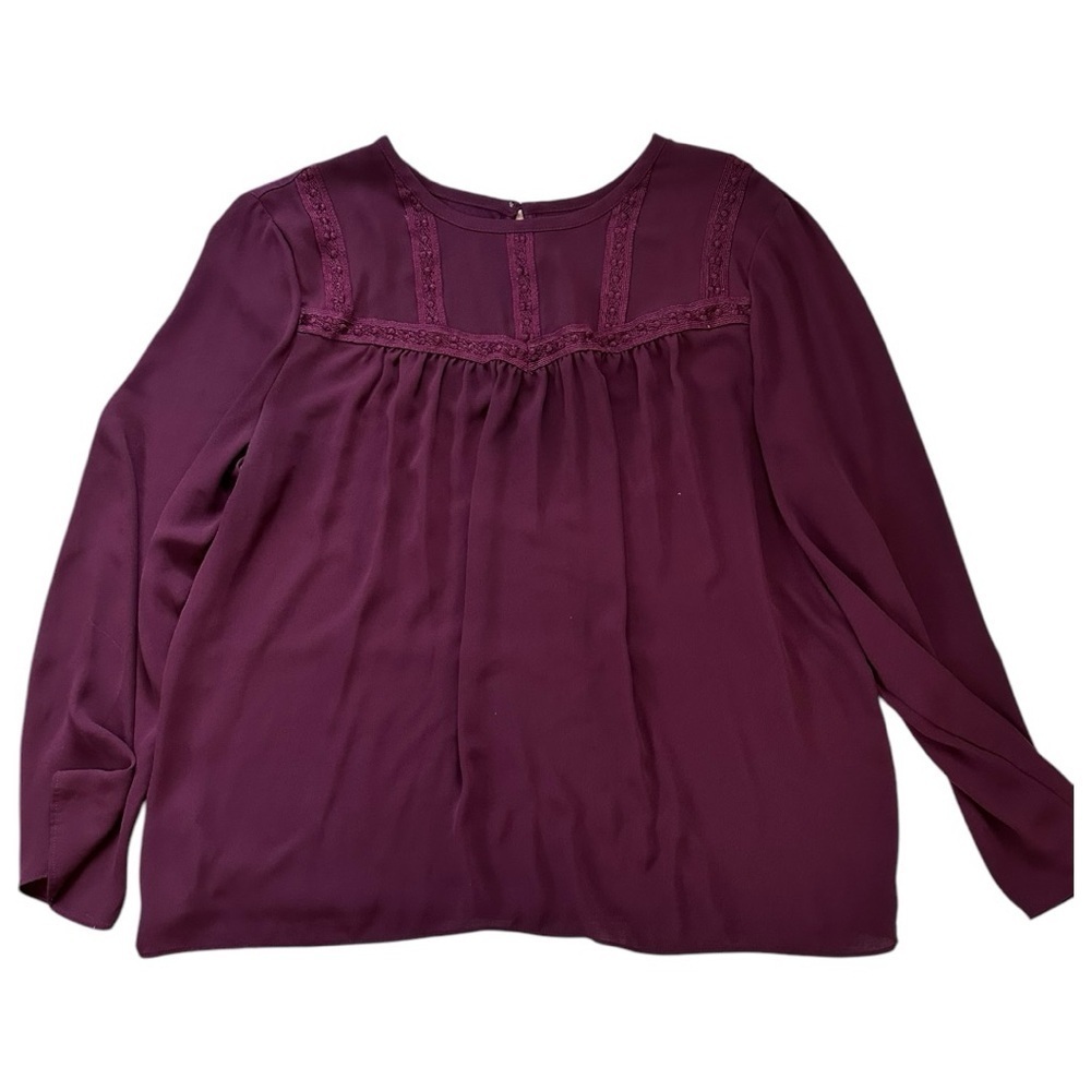 LOFT Top Boho Chic Work Wear Lace Trim Shirred Yoke Long Sleeve Plum Blouse, M